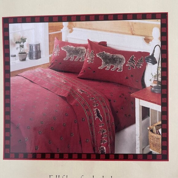 Woolrich Full Red Flannel 100% Cotton Sheet Set LODGE CHRISTMAS OUTDOORS BEARS - Picture 4 of 5